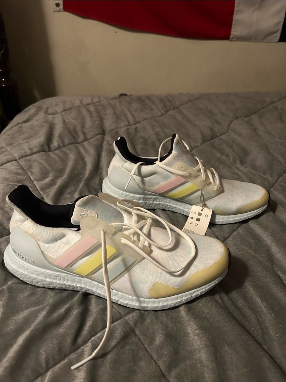 adidas White Sneakers with Pastel Pink and Yellow Stripes